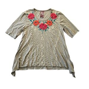 JWLA Johnny Was Embroidered Tunic Top L 1/2 Sleeve Sharkbite Hem Floral Green
